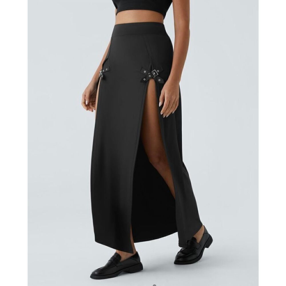 Halara Women’s L High Waisted Buckle Split 2-in-1 Maxi Skirt Black NWT - Picture 5 of 8